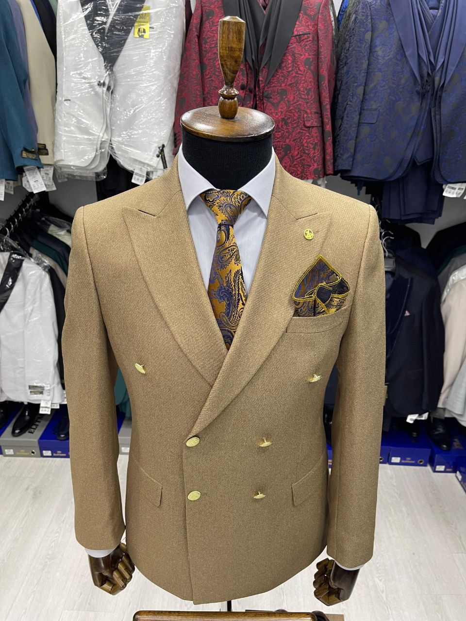 Camel Double-Breasted Blazer